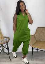 Frauen-Sommer-Grün-beiläufiger Oansatz ärmellose feste Taschen in voller Länge lockerer Overall