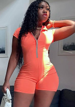 Women Summer Orange Sexy O-Neck Short Sleeves Solid Zippers Above Knee Skinny Playsuit