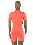 Women Summer Orange Sexy O-Neck Short Sleeves Solid Zippers Above Knee Skinny Playsuit