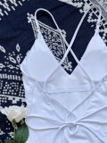 Women White Straps V-Neck Solid One Piece Swimsuit