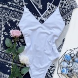 Women White Straps V-Neck Solid One Piece Swimsuit