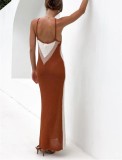 Women Summer Beige Romantic Strap Sleeveless Color Blocking Knitted Backless Long Loose Holiday Dress