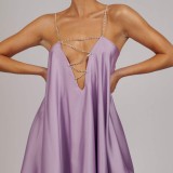 Women Summer Purple Sweet Metal Straps Sleeveless Solid Satin Backless Mini Loose Club Dress
