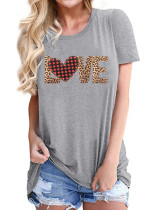 Damen Sommer Grau Casual O-Neck Short Sleeves Love Bedrucktes Regular T-Shirt