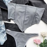 Women Grey Bandeau Strapless Solid Two Piece Swimwear