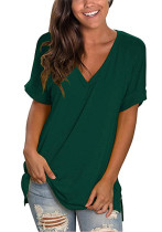 Frauen-Sommer-Grün-beiläufiges V-Ausschnitt mit kurzen Ärmeln, festes, lockeres T-Shirt