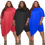 Women Summer Blue Casual O-Neck Half Sleeves Solid Loose Irregular Plus Size Two Piece Short Set