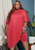 Women Summer Red Casual O-Neck Short Sleeves Solid Loose Irregular Plus Size Two Piece Short Set