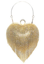 Bolso de mano con forma de amor de diamantes de imitación con borlas para cena de noche dorada elegante para mujer