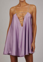 Women Summer Purple Sweet Metal Straps Sleeveless Solid Satin Backless Mini Loose Club Dress