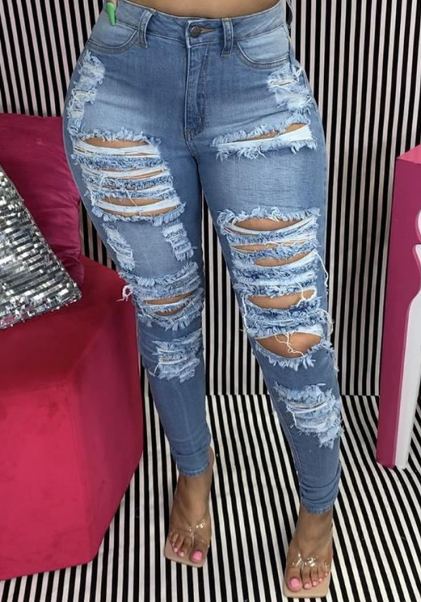 Women Spring Blue Pencil Pants High Waist Ripped Ankle-Length Jeans Pants