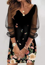 Women Spring Black Romantic V-neck Long Sleeve Floral Print Lace Mini Dress