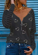 Camiseta con cremallera y estampado de rayas de manga larga negra de primavera para mujer