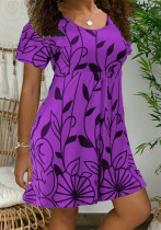 Vestido estampado de hojas de manga corta con cuello redondo dulce púrpura de verano para mujer