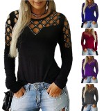 Women Spring Black Sexy O-Neck Long Sleeve Solid Hollow Out T-Shirt