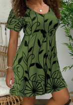 Vestido estampado de hojas de manga corta con cuello redondo dulce verde de verano para mujer