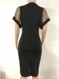 Women Summer Black Elegant V-neck Short Sleeves Lace Diamonds Midi Dress