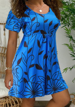 Vestido estampado de hojas de manga corta con cuello en O dulce azul de verano para mujer