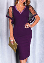 Women Summer Purple Elegant V-neck Short Sleeves Lace Diamonds Midi Dress