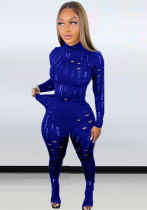 Women Spring Blue Casual O-Neck Long Sleeve Solid Hollow Out Skinny Two Piece Pants Set