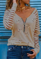 Camiseta con cremallera y estampado de rayas de manga larga caqui de primavera para mujer