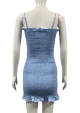 Women Summer Blue Sexy Straps Solid Ruffles Bodycon Dress