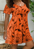 Vestido estampado de hojas de manga corta con cuello en O dulce naranja de verano para mujer