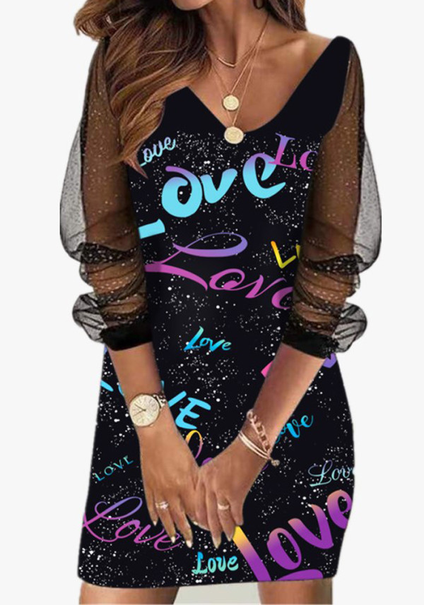 Women Spring Black Romantic V-neck Long Sleeve Letter Print Lace Mini Dress
