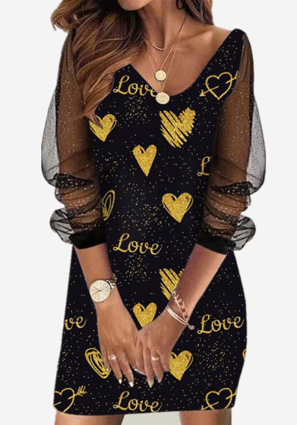 Women Spring Black Romantic V-neck Long Sleeve Letter Print Lace Mini Dress