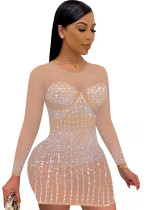 Mini vestido de club con diamantes de imitación y malla de manga larga con cuello redondo sexy de primavera para mujer