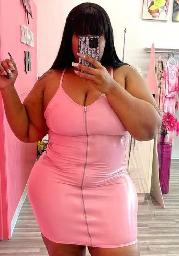 Women Spring Pink Sexy V-neck Sleeveless Solid PU Leather Zippers Plus Size Bodycon Dress