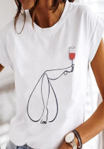 女性サマーホワイトカジュアルOネック半袖プリントTシャツ