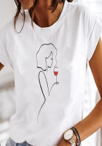 Women Summer White Casual O-Neck Short Sleeves Print T-Shirt