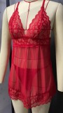 Women Sexy Red Lace Erotic Deep V Sling Nightdress Lingerie