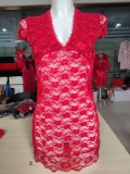 Plus Size Women Sexy Red Lace V-neck Transparent Temptation Tight Nightclub Underwear Lingerie Dress