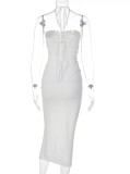 Women Summer White Romantic Halter Solid Slit Pleated Midi Dress
