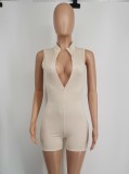 Women Summer Khaki Casual Sleeveless Solid Skinny Ribbed Rompers