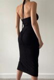 Women Summer Black Modest Halter Solid Slit Pleated Midi Dress