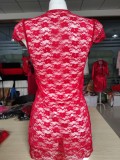 Plus Size Women Sexy Red Lace V-neck Transparent Temptation Tight Nightclub Underwear Lingerie Dress