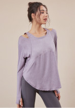 Camicia da yoga a maniche lunghe con scollo a O viola primaverile da donna