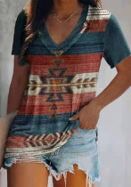 Damen Sommer bedrucktes böhmisches T-Shirt mit V-Ausschnitt und kurzen Ärmeln