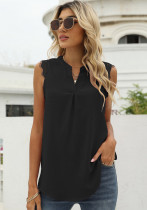 Camisa de encaje de patchwork sin mangas con cuello redondo modesto negro de verano para mujer