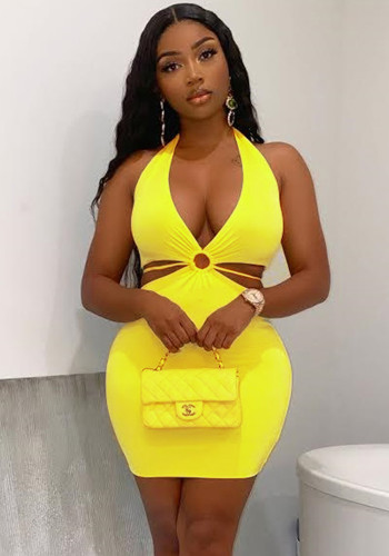 Women Summer Yellow Sexy Halter Sleeveless Solid Hollow Out Mini Club Dress
