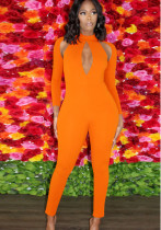 Dames Lente Oranje Sexy Coltrui Volledige Mouwen Solid Hollow Out Skinny Jumpsuit