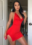 Women Summer Red Romantic Halter Solid Slit Mini Backless Club Dress