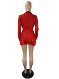 Fall Fashion Red Double-Breasted Turndown Collar Long Sleeve Pleated Blazer Dress