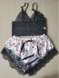 Summer Sexy Black Lace Vest And Print Shorts Pajama Lingerie Set