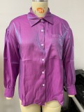 Women Spring Purple Puff Sleeve Pocketed Formal Blouse