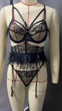 Women Sexy Black Embroidery Feathers Exotic Three Piece Bra Lingerie Set