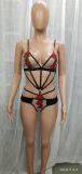 Women Sexy Black Bandage With Red Emb Flower Bra And Panty Lingerie Set